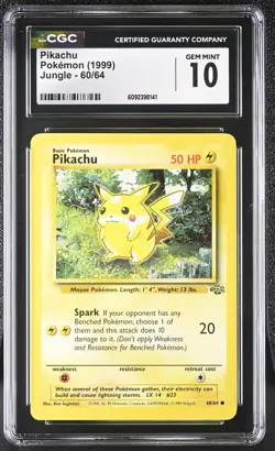CGC 10 GEM MINT Pikachu 1999 Jungle 60/64 Pokemon Card - Image 1