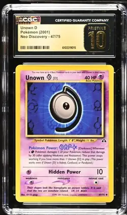 Pokemon Unown D (2001) Neo Discovery 47/75 CGC PRISTINE 10 - Image 1
