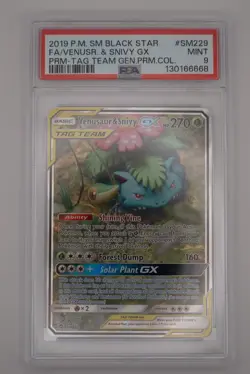 2019 POKEMON SM BLACK STAR PROMO SM229 VENUSAUR & SNIVY GX TAG TEAM PSA 9 - Image 1