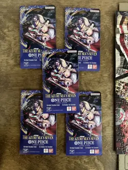 5x One Piece OP14 - THE AZURE SEA’S SEVEN - Sleeved Blister Booster Packs Lot - Image 1
