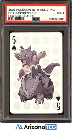 Pokemon 2006 Rhydon/Rhyhorn Red-5 of Spades 10th Anniversary Playing Cards PSA 9 - Image 1
