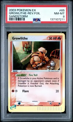 2003 POKEMON EX SANDSTORM 65 GROWLITHE-REVERSE FOIL PSA 8 - Image 1
