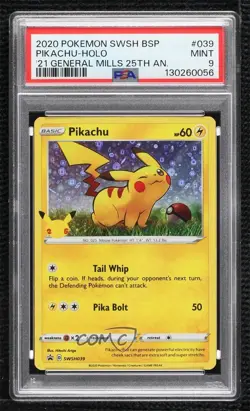 Pikachu (General Mills Promo) Holo Pokemon Sword & Shield Black Star PSA 9 MINT - Image 1
