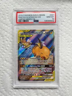 Pokemon Unified Minds Raichu & Alolan Raichu GX 221/236 PSA 10 GEM MINT - Image 1