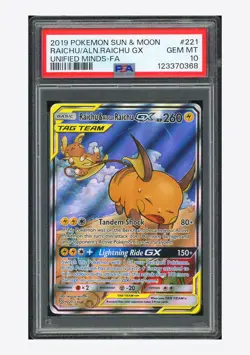 Pokemon PSA 10 Raichu & Alolan Raichu GX FA 2019 221/236 Unified Minds English - Image 1