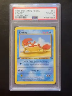 PSA 10 GEM MINT 1999 Pokemon Card Fossil Set 1st Edition Krabby #51 - Image 1