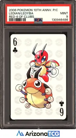 Pokemon 2006 Ledian/Ledyba RED 6 Of Clubs Pokemon 10th Annv. Playing Card PSA 9 - Image 1
