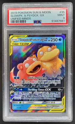 2019 Pokemon Sun & Moon Unified Minds Slowpoke Psyduck Tag Team Holo PSA 9 NE - Image 1