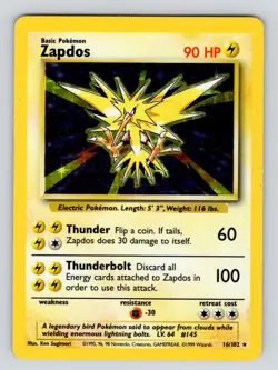 Pokemon Card Unlimited Edition Holo Rare Base Set 1999 Zapdos 16/102 MP! - Image 1