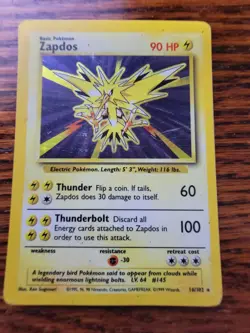 Pokemon Card Unlimited Edition Holo Rare Base Set 1999 Zapdos 16/102 PL** - Image 1