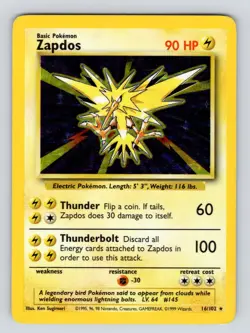 Pokemon Card Unlimited Edition Holo Rare Base Set 1999 Zapdos 16/102 PL - Image 1