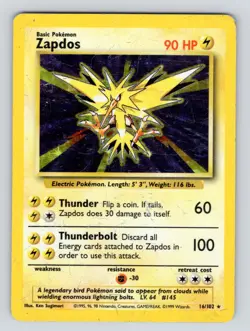 Pokemon Card Unlimited Edition Holo Rare Base Set 1999 Zapdos 16/102 PL* - Image 1