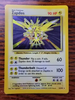 Pokemon Card Unlimited Edition Holo Rare Base Set 1999 Zapdos 16/102 MP* - Image 1