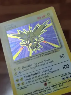 Pokemon Card Unlimited Edition Holo Rare Base Set 1999 Zapdos 16/102 MP* - Image 3