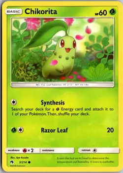 Chikorita (5) Common SM - Lost Thunder 5/214 LP Pokemon Card - Image 1