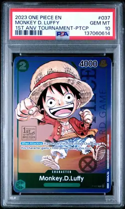 2023 ONE PIECE P-037 1ST ANNIVERSARY TOURNAMENT MONKEY D LUFFY ENGLISH PSA 10 - Image 1