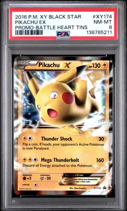2016 POKEMON XY BLACK STAR PROMO BATTLE HEART TINS #XY174 PIKACHU EX PSA 8 - Image 1