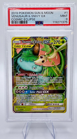 2019 Pokemon S&M Cosmic Eclipse Venusaur & Snivy GX #1 | TAG TEAM | PSA 9 MINT - Image 1