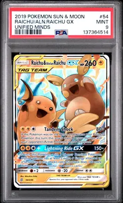 PSA 9 RAICHU & ALOLAN RAICHU GX 54/236 TAG TEAM UNIFIED MINDS POKEMON ⚡ - Image 1