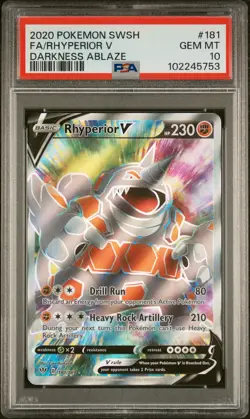 2020 POKEMON SWORD & SHIELD DARKNESS ABLAZE #181 FULL ART/RHYPERIOR V PSA 10 - Image 1