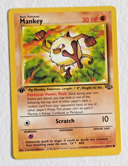 Pokemon, Mankey, 1st Edition Jungle 55/64 WOTC Common Card, Vintage 1999, NM-LP - Image 1