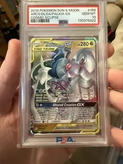 2019 POKEMON SUN & MOON COSMIC ECLIPSE #156 ARCEUS & DIALGA & PALKIA GX PSA 10 - Image 1