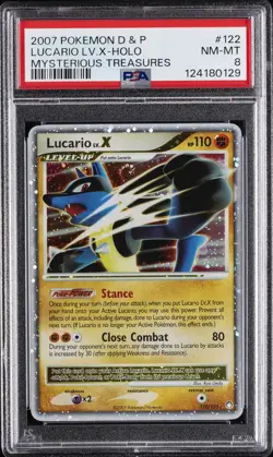 2007 POKEMON DIAMOND & PEARL MYSTERIOUS TREASURES #122 LUCARIO LV.X-HOLO PSA 8 - Image 1