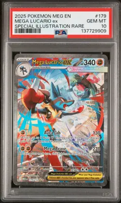 2025 POKEMON MEGA EVOLUTION SPECIAL ILLUSTRATION RARE 179 MEGA LUCARIO EX PSA 10 - Image 1