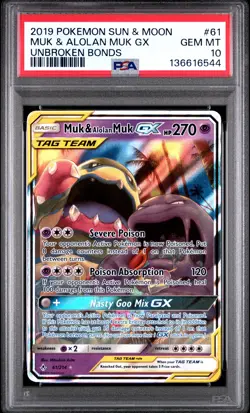 2019 POKEMON SUN & MOON Unbroken Bonds MUK & ALOLAN MUK GX #61 PSA 10 GEM 6544 - Image 1