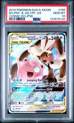 2019 POKEMON SUN & MOON COSMIC ECLIPSE 165 MEGA LOPUNNY & JIGGLYPUFF GX PSA 10 - Image 1