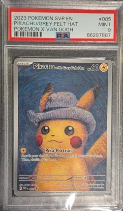 2023 Pokemon SVP En Pokemon X Van Gogh #085 Pikachu Grey Felt Hat PSA 9 MINT - Image 1