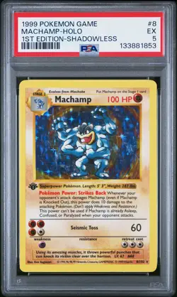 1999 POKEMON BASE SET 1ST EDITION-SHADOWLESS #8 MACHAMP-HOLO PSA 5 - Image 1