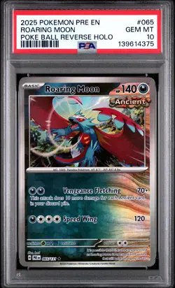 2025 POKEMON PRISMATIC EVOLUTIONS POKE BALL REVERSE HOLO ROARING MOON PSA 10 - Image 1