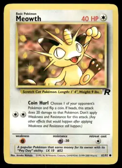 Pokemon Cards Meowth 62/82 UNLIMITED Team Rocket WOTC Common NM - Image 1