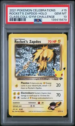 2021 Pokemon Celebrations Classic Collection Rocket's Zapdos Holo #15 PSA 10 - Image 1