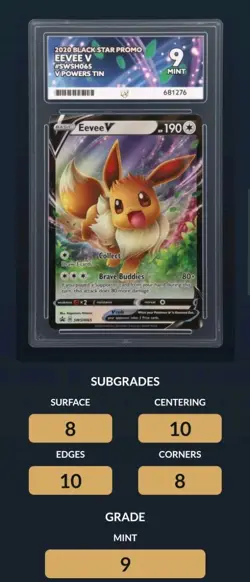Eevee V SwSh065 Pokemon Card Black Star Promo V Powers Tins 2020 Ace 9 Graded - Image 3