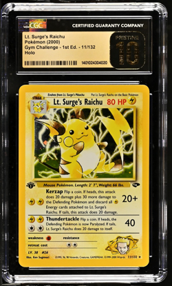 CGC 10 Pristine | Pokemon Gym Challenge Lt. Surge's Raichu Holo 1st Ed 11/132 - Image 1
