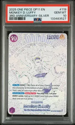 One Piece OP11-A Fist of Divine Speed 3rd ANV-Silver, D. Luffy, PSA 10 - Image 1