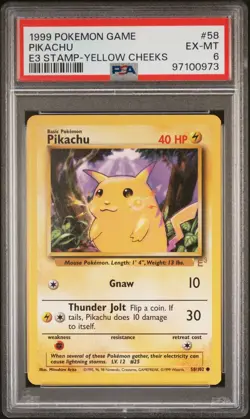 PSA 6 - E3 STAMP-YELLOW CHEEKS #58 PIKACHU 1999 POKEMON BASE SET UNLIMITED EX-MT - Image 1