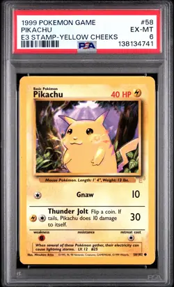 1999 POKEMON BASE SET UNLIMITED E3 STAMP-YELLOW CHEEKS #58 PIKACHU PSA 6 - Image 1