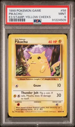 1999 POKEMON BASE SET UNLIMITED E3 STAMP-YELLOW CHEEKS #58 PIKACHU PSA 9 - Image 1