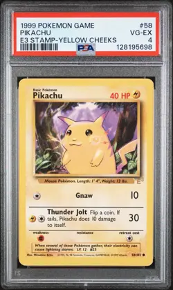 1999 POKEMON BASE SET UNLIMITED E3 STAMP-YELLOW CHEEKS #58 PIKACHU PSA 4 - Image 1