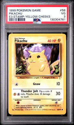 1999 POKEMON BASE SET UNLIMITED E3 STAMP-YELLOW CHEEKS #58 PIKACHU PSA 3 - Image 1