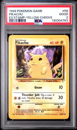 1999 POKEMON BASE SET UNLIMITED E3 STAMP-YELLOW CHEEKS #58 PIKACHU PSA 2 - Image 1