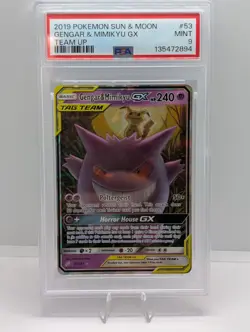 Pokemon- TCG - PSA 9 Mint Gengar & Mimikyu Gx Team Up Tag Team S&M 2019 #53/181 - Image 1
