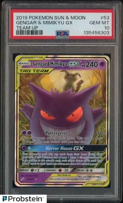 2019 Pokemon TCG Sun & Moon Team Up #53 Gengar & Mimikyu GX PSA 10 GEM MINT - Image 1