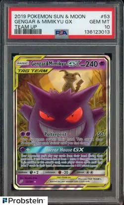 2019 Pokemon TCG Sun & Moon Team Up #53 Gengar & Mimikyu GX PSA 10 GEM MINT - Image 1