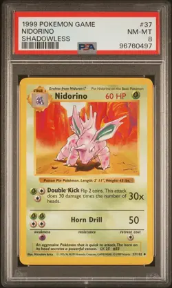 1999 POKEMON BASE SET SHADOWLESS #37 NIDORINO PSA 8 - Image 1