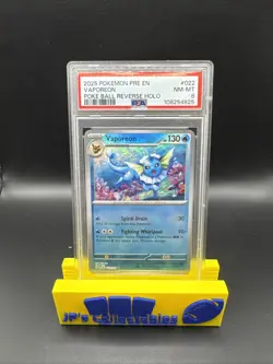 2025 POKEMON PRE EN-PRISMATIC EVOLUTIONS POKE BALL REVERSE HOLO VAPOREON PSA 8 - Image 1