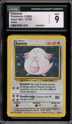 Pokemon Chansey Base Set Unlimited Holo Rare #3 CGC 9 Mint - Image 1